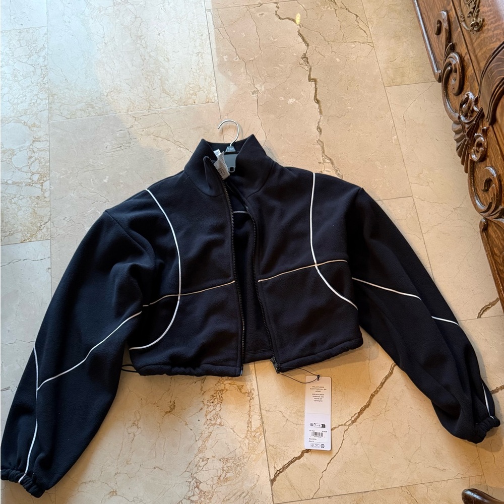 ALO Yoga Black Bomber Jacket with White Piping